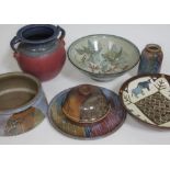 Six items of studio pottery comprising three items by Crich Pottery, a twin handled pot by St