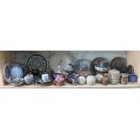 A shelf of mainly studio pottery, various potters and studios, approx. 44 pieces.