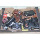 A box of cameras and accessories to include Zenit E, Dacora Dignette, Ilford, Zeiss Ikon Contina,