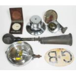 A quantity of automobilia comprising a Lucas no. 60 brass car bulkhead bulb horn, a Smiths car clock