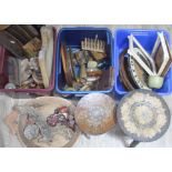 Three boxes of treen and wooden items including a letter rack, boxes, printing blocks, a light