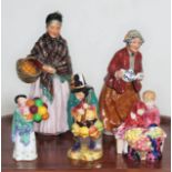 A group of five Royal Doulton figures comprising; The Orange Lady HN1759, Tea Time HN2255, Flower