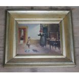 19th century school, interior scene, oil on board, 16cm x 12cm, signed 'J. Simpson', framed 26cm x