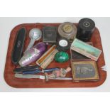 A tray of various items including a Zeiss Ikon Ikophot, a Medicine Glass Measure in leather case, an