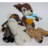 A group of soft toys comprising three Merrythought and one Pedigree horse.