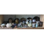 A shelf of mainly studio pottery, various potters and studios, approx. 50 pieces.