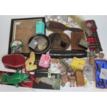 A box of misc. items including a framed excursion ticket, toys, bottle stops, a silver mounted