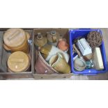 Three boxes of vintage kitchen ware including stoneware flagons, jugs, pestle and mortars etc.