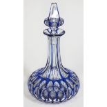 A Bohemian blue flash cut glass decanter, height 26cm.