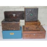 A mixed lot of boxes comprising a parquetry inlaid tea caddy, a velvet and silk lined writing box,