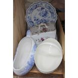 Four pieces of antique pottery comprising a blue and white bordaloo, a Wedgwood creamware basket,