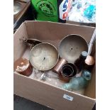 Box with copper ware and glass bottles