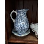 Blue and white pottery jug and Japanese plate (chipped)
