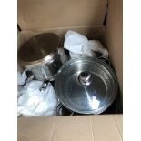 A box of kitchen pans