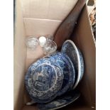 Box with blue and white pottery (please note the club pictured is not included in this lot)