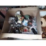 Box of metalware and pottery
