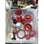 Plastic box with cranberry glass etc.