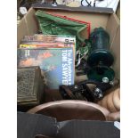 Box of 1950s items including vintage Escalado horse racing game, brass bound tea caddy