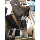 A box of items inc projector, portable turntable, etc