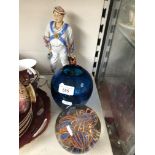 Figure of a Morris Dancer, blue glass vase and large glass paperweight