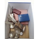 Box of EPNS lidded perfume bottles and other items