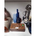 Wooden box and three glass vases