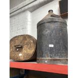 A vintage metal hat box and a metal drum