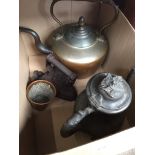 A box of collectables to include brass kettle, 2 flat irons, a brass beaker and a pewter tea pot.