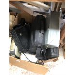 A box of mixed items including a Toughnote metal hard cased laptop, Sony data projector, a