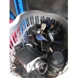 A crate of cameras including Pentax, Mirando, cine cameras, etc.