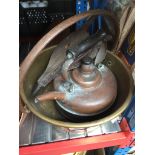 A copper kettle, brass jam pan and bellows