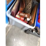 A crate of mixed items including 78s, wooden dominoes, etc