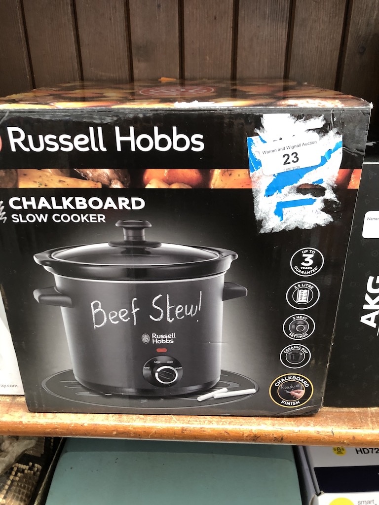 A boxed Russell Hobbs Chalkboard slow cooker