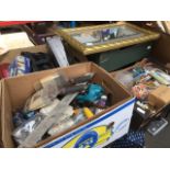 Five boxes of assorted items, tools,paint brushes, table lamps, mirror, boxed heated gloves