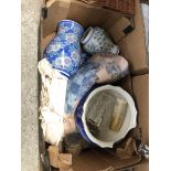 A box of ceramics, vase, jardinare, etc