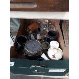Box of pottery, glass etc. inc biscuit barrel