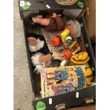 A box of vintage toys etc including Garfield, Wombles, etc