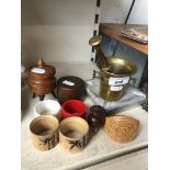 Treen items, marble ash tray and brass mortar and pestle