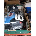 A box of assorted items, gadget bag, boxed fitness watch and assorted cables