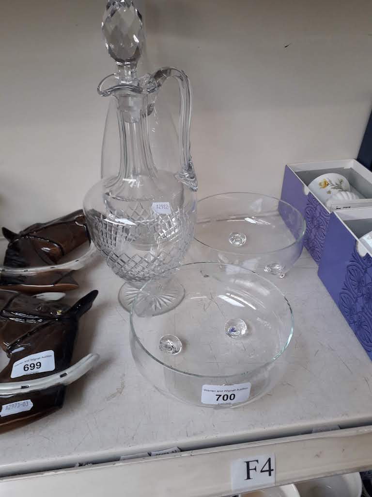 Two glass decanters and two bowls