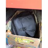 A box of misc inc musical instrument bags