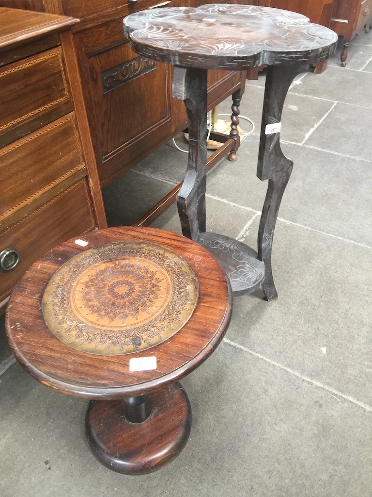 A carved side table together with a turned oak wine table with leather top.