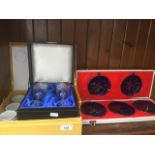 3 boxed items - Harlequin coffee set, pair of wine glasses, and set of Japanese plates