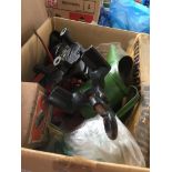 A box of misc including oil cans, car light bulbs, black refuse sacks etc