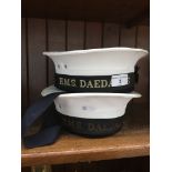 2 Royal Navy H.M.S. Daedalus hats with cap tallies.