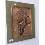 A mixed media collage on board featuring birds in a tree