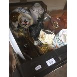 A box of mixed ceramics and glass including art glass