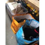 A large crate and 2 bags of misc to include pottery, ornaments, glassware, books, etc.