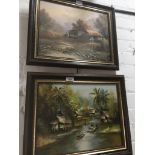 Two far eastern village scene oil on canvas, signed 'Bakom' & 'Kobchai' 29cm x 40cm each, framed.