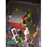 A box of vintage Corgi and Dinky playworn toy cars etc